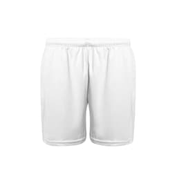 White sports shorts with an elastic waistband and a logo. Suitable for active wear.