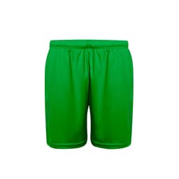 Green sports shorts featuring an elastic waistband and a logo. 