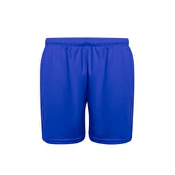 A pair of blue sports shorts with an elastic waistband and a logo.