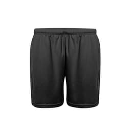 Black sports shorts featuring an elastic waistband and a smooth fabric finish. Includes a logo on the front.