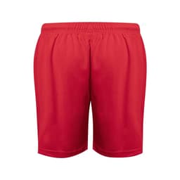 Red sports shorts with an elastic waistband, featuring a logo on the front.