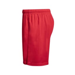 Red sports shorts with an elastic waistband and a simple design, featuring a logo on the side.