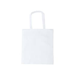 A plain white tote bag with two handles and a simplistic design. Features a logo.