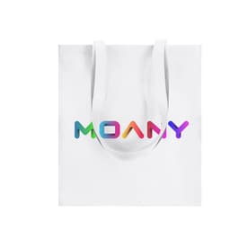 A white tote bag with colourful lettering features the word "MOANY" and has two shoulder straps.