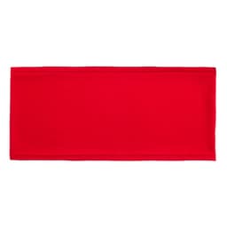 A red fabric band designed for securing or decorating chairs, featuring a branding logo.