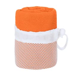 An orange gym towel rolled and stored in a white mesh pouch, featuring a drawstring closure.
