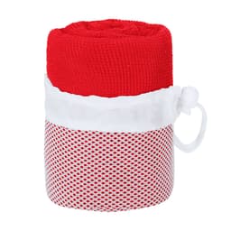 A red gym towel rolled neatly, encased in a white mesh carrier, featuring a drawstring closure.