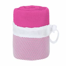 A pink gym towel wrapped in a white mesh bag, featuring a drawstring for closure.