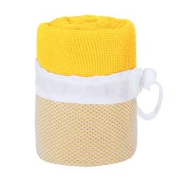 A yellow gym towel rolled and packaged in a white mesh bag with a drawstring.