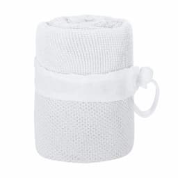 A rolled white gym towel secured with a band, featuring a textured fabric design and a logo.
