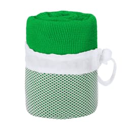 A green gym towel wrapped in a white mesh pouch, featuring a drawstring closure.