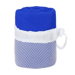A blue gym towel rolled and secured in a white mesh bag, featuring a drawstring closure.