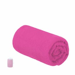 A rolled pink gym towel with a textured surface, accompanied by a smaller image showing its carry pouch.