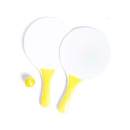 Two white beach rackets with yellow handles and a yellow ball. The rackets feature a branding logo.