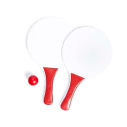 Two white beach rackets with red handles and a red ball. The image includes a logo.