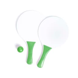 Two white beach rackets with green handles and a small green ball. The set is designed for outdoor leisure activities.