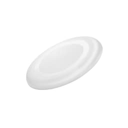 A white frisbee featuring a circular design and a smooth surface. It includes a branding logo.