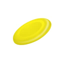 A bright yellow frisbee with a smooth design, featuring a logo on its surface.