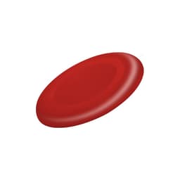 A red frisbee with a smooth, rounded design and a subtle gradient in colour. The frisbee features a logo.