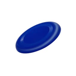 A blue frisbee with a smooth surface and curved edges, featuring a logo on its top.