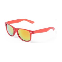 Red sunglasses with reflective green-yellow lenses, featuring a logo on the side.