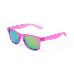 A pair of pink sunglasses with green reflective lenses and a stylish frame. The product features a logo on the arm.