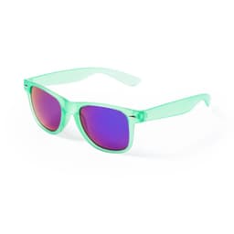 A pair of mint green sunglasses with purple tinted lenses and a logo on the side.