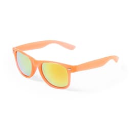 Orange sunglasses with gradient mirrored lenses, featuring a logo on the side. Suitable for leisure and outdoor activities.