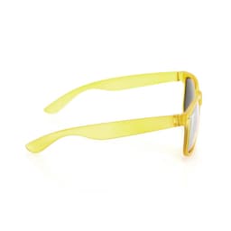 Yellow sunglasses with a sleek design, featuring a logo on the arm and mirrored lenses. Ideal for outdoor use.