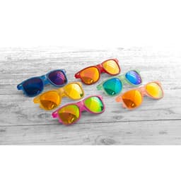 A collection of colourful sunglasses in various shades, featuring mirrored lenses and a mix of vibrant frames.