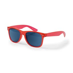 A pair of red sunglasses featuring blue lenses, with a logo on the frame.