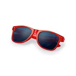 A pair of red sunglasses with dark tinted lenses, featuring a logo on the frame.