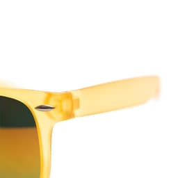 A pair of yellow sunglasses with a sleek design and reflective lenses. The frame includes a logo.