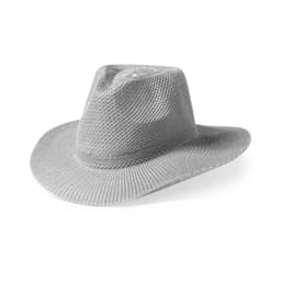 A grey mesh hat with a wide brim and structured crown, featuring a branding logo.