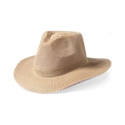 A light beige mesh hat with a wide brim, featuring ventilation holes and a woven design. It has a logo on the side.