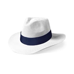 A white wide-brimmed hat with a navy blue band. Features a breathable woven texture and a classic design.