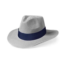 A grey mesh hat with a navy blue band and a wide brim, featuring a logo on the side.