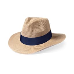 A straw hat with a navy blue band, featuring a wide brim and a breathable design.
