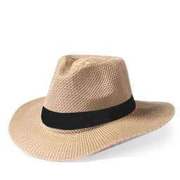 A straw hat in a light beige colour, featuring a black band and a wide brim. It has a logo on the side.