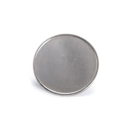 A silver lapel pin with a smooth, shiny surface, featuring a round, flat design. It includes a logo.