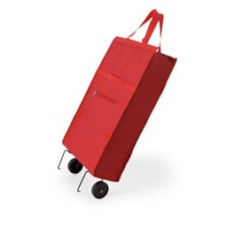 A red trolley bag with wheels and two handles, featuring a zippered pocket on the front.