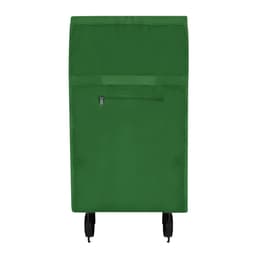 A green bag on wheels featuring a front zippered pocket. It has a simple, clean design.