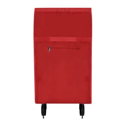 A red bag on wheels features a zippered front pocket and a sturdy design. It has a simple branding logo.