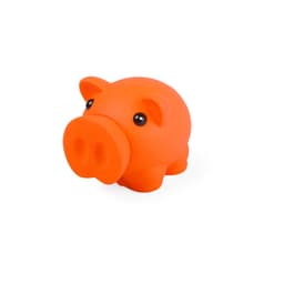 An orange piggy bank with large eyes and a soft, rubbery texture, featuring a rounded shape and a smiling face.