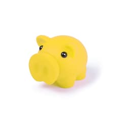 A small, bright yellow piggy bank with black eyes and a rounded shape. It features a simplistic and fun design.