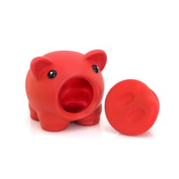 A red pig-shaped money box with a removable top. It features round black eyes and a smooth surface.