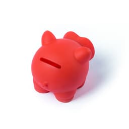 A red piggy bank with a rounded body and cute ears, designed for saving coins. Features a branding logo.