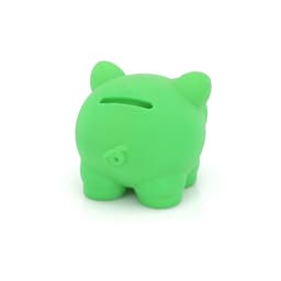 A green piggy bank with a slot for coins, featuring a rounded bottom and cute ear details.