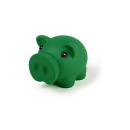 A green pig-shaped money box with a smooth finish and shiny black eyes. It features a rounded body and small ears.