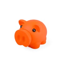 An orange piggy bank with a rounded shape and large black eyes, featuring a smooth, rubbery texture.